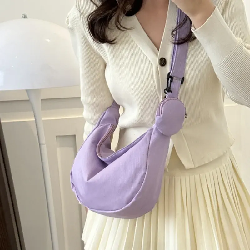 Women's Canvas Shoulder Bag Large Capacity Crossbody Chest Bag Casual Half Moon Belt Messenger Bags Student Commute Dumpling Bag