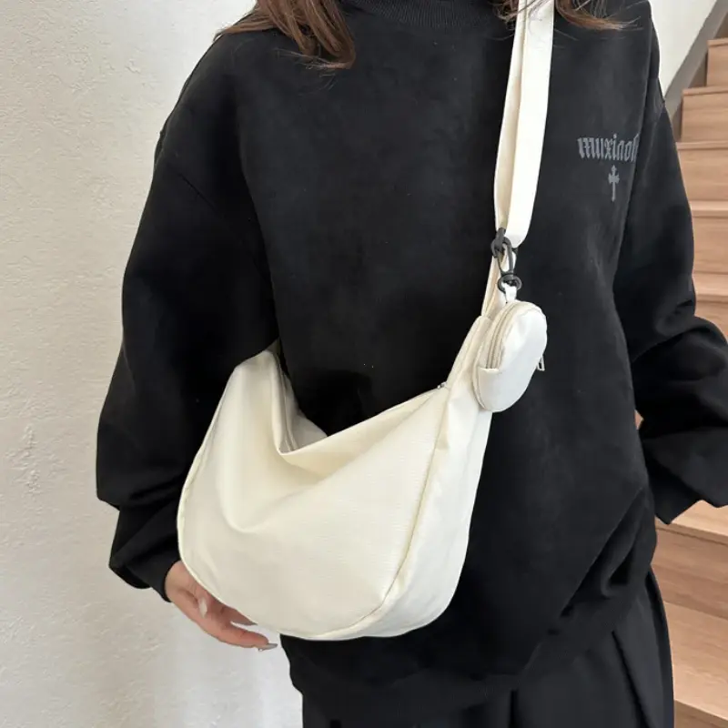 Women's Canvas Shoulder Bag Large Capacity Crossbody Chest Bag Casual Half Moon Belt Messenger Bags Student Commute Dumpling Bag
