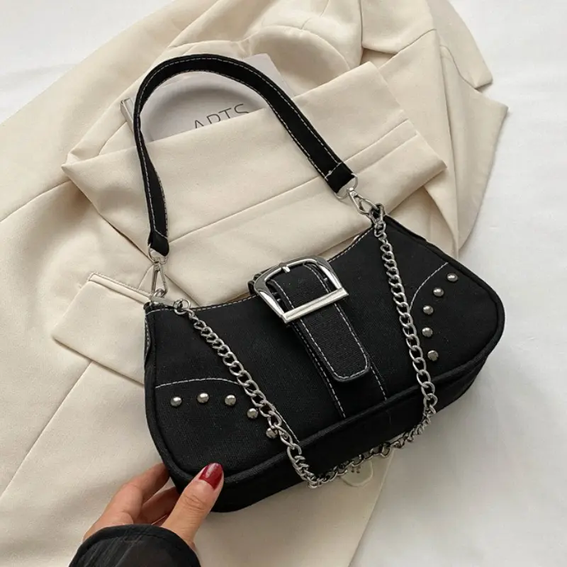 Retro Cool Girls Underarm Bag Y2K Fashion Trend Women's Handbags Canvas Chain Shoulder Bag Casual Texture Ladies Crossbody Bag