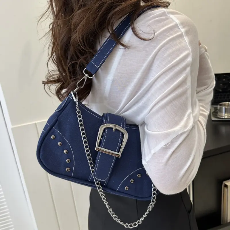 Retro Cool Girls Underarm Bag Y2K Fashion Trend Women's Handbags Canvas Chain Shoulder Bag Casual Texture Ladies Crossbody Bag
