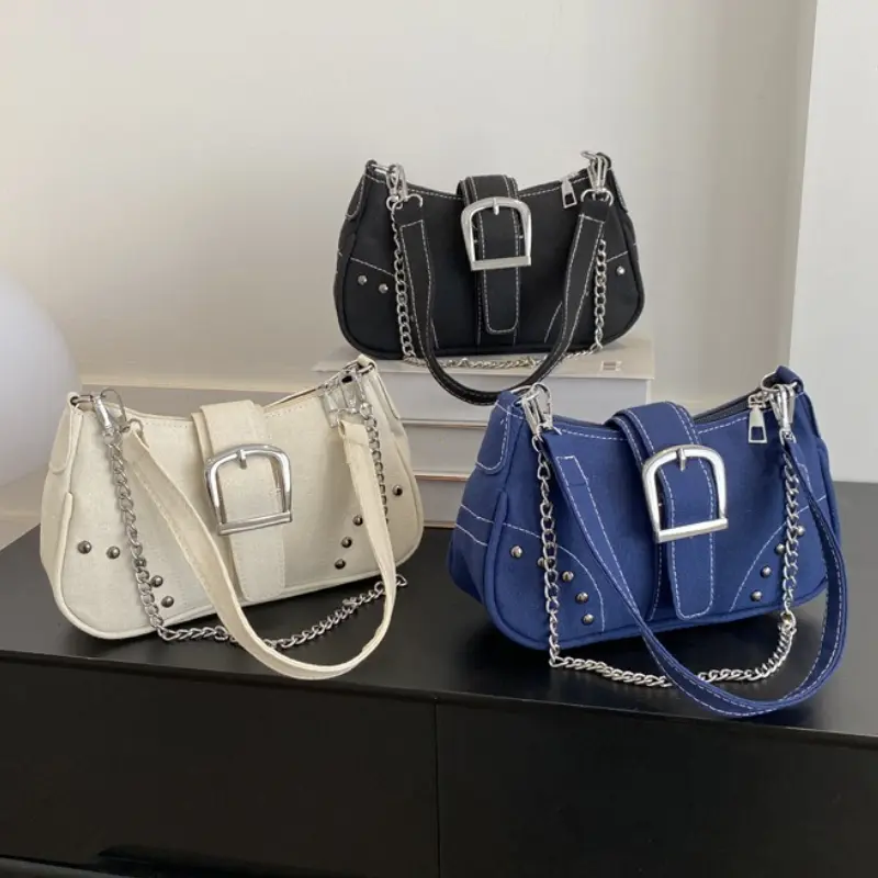 Retro Cool Girls Underarm Bag Y2K Fashion Trend Women's Handbags Canvas Chain Shoulder Bag Casual Texture Ladies Crossbody Bag
