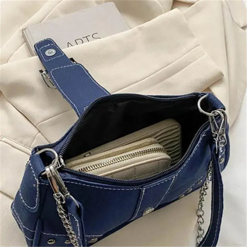 Retro Cool Girls Underarm Bag Y2K Fashion Trend Women's Handbags Canvas Chain Shoulder Bag Casual Texture Ladies Crossbody Bag