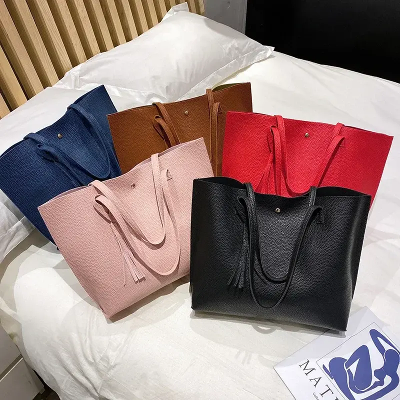 New Trend Women Single Shoulder Bag Casual Large Capacity Pu Lychee Pattern Tassel Outdoor Simple Tote Bag Purses and Handbags