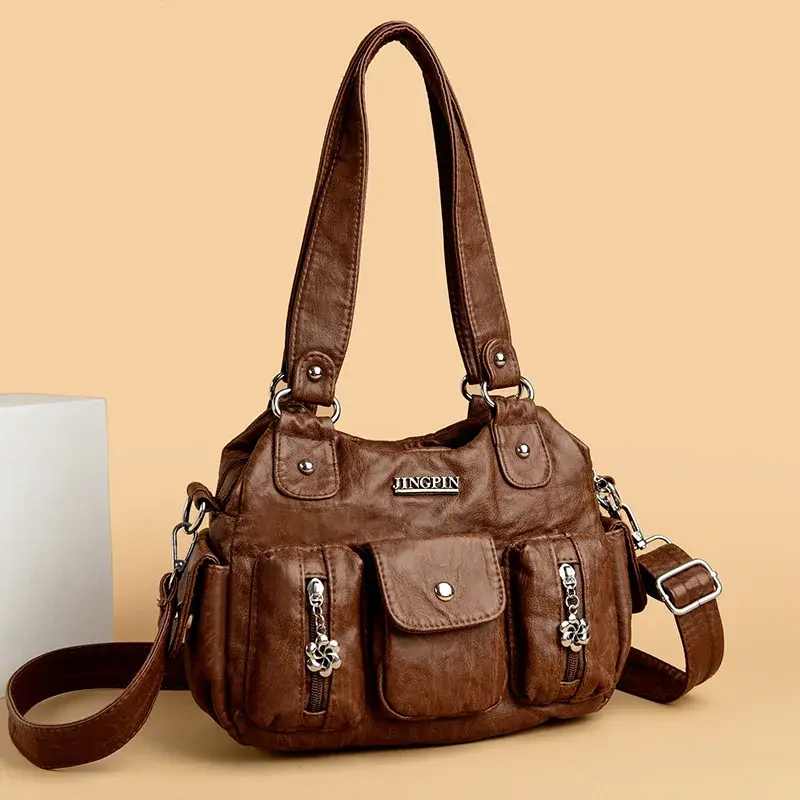 Retro Leather Female Multi-pockets Shoulder Crossbody Bags for Women Mother 2 Layers Large Capacity Handbag Messenger Tote Bag