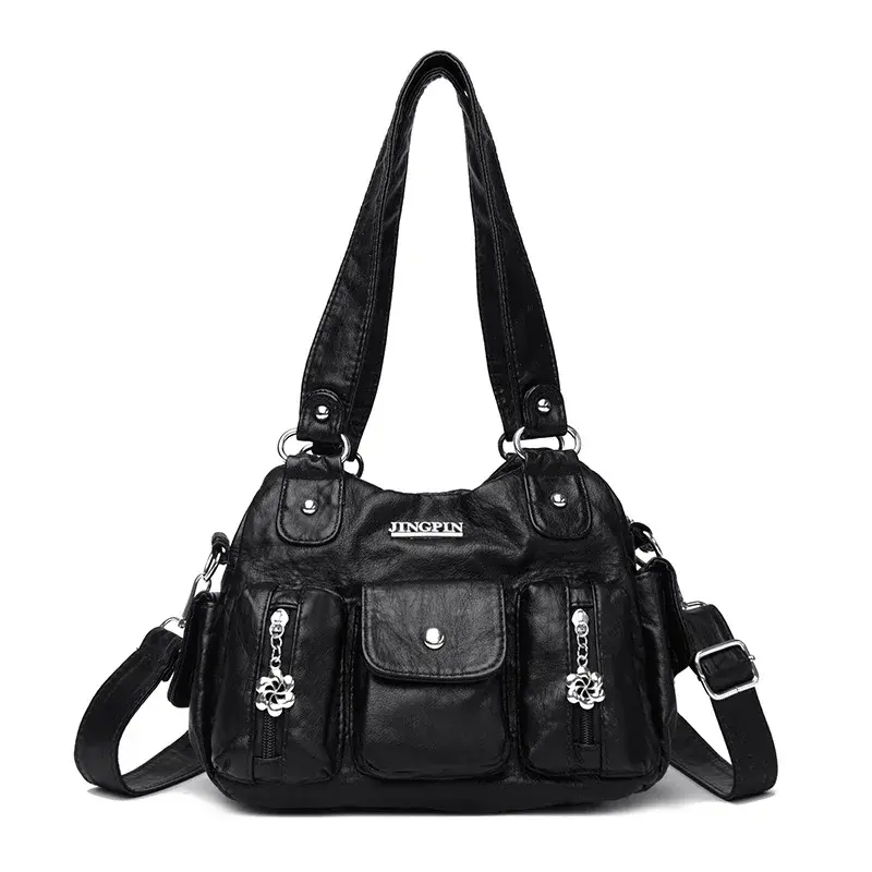 Retro Leather Female Multi-pockets Shoulder Crossbody Bags for Women Mother 2 Layers Large Capacity Handbag Messenger Tote Bag