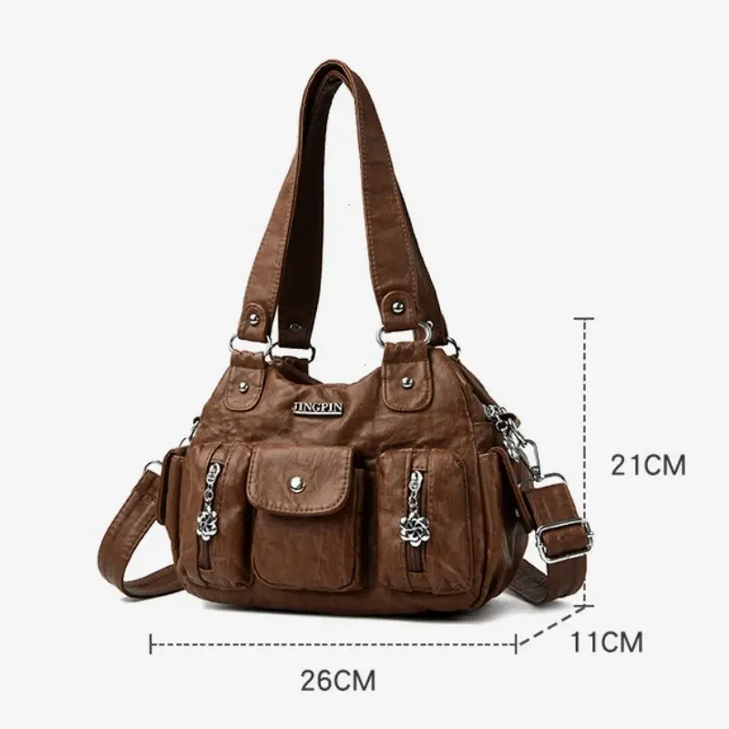 Retro Leather Female Multi-pockets Shoulder Crossbody Bags for Women Mother 2 Layers Large Capacity Handbag Messenger Tote Bag