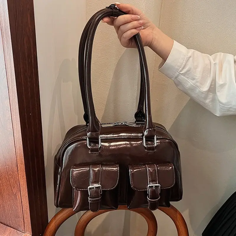 Retro PU Leather Double Pockets Underarm Bags For Women 2025 Winter Y2K New Korean Fashion Female Shoulder Bag Stylish Handbags