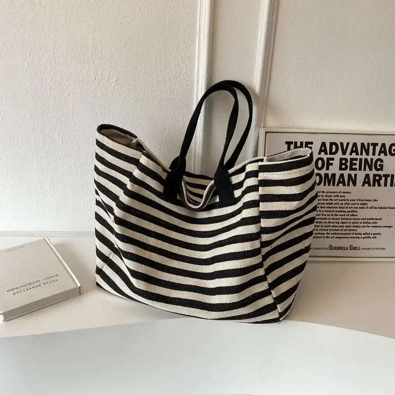 Casual Striped Canvas Bag For Women Large Capacity Shoulder Bag Daily Shopping Totes Student Bookbag for School Travel Beach Bag