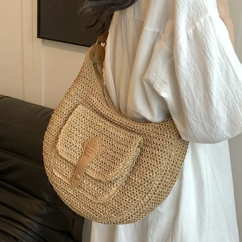 New Fashionable Straw Bag Shoulder Bag New Trendy Shoulder Crossbody Bags Women's Versatile Straw Saddle Bag Summer Clutch Purse