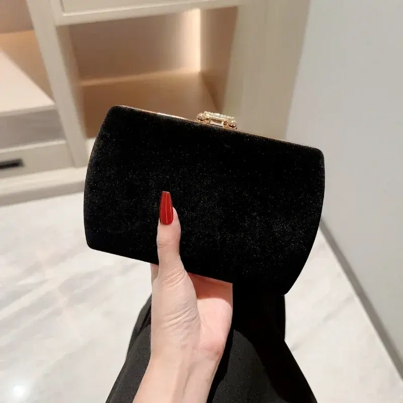 Ladies Autumn Winter Velvet Box Dinner Bag Sparkly Rhinestone Decoration Banquet Bag Clutch Evening Dress Bag Party Handbags