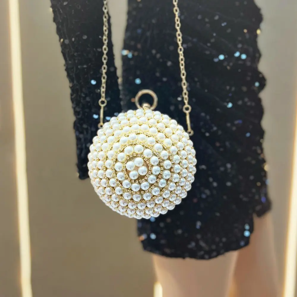 Round Pearl Clutch Purse Handbag Luxury Elegant Evening Bag Ring Handle For Women Bride Bridesmaid Wedding Party Handbag Purses
