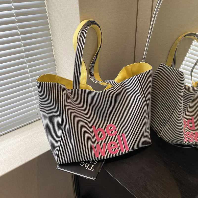 Casual Large Stripe Women's Shoulder Bag 2025 New Fashion Commuter Tote Bag High Capaci Canvas Handbag for Youth bolso mujer