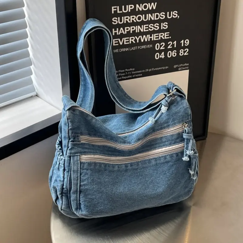 Vintage Denim Women's Shoulder Bag Large Capacity Messenger Bag Multi-pockets Satchel Bags Adjustable Strap Ladies Crossbody Bag
