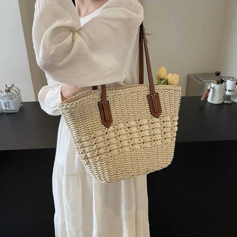Summer Straw Bags for Women Straw Shoulder Bags Rattan Woven Top Handle Bag Hollow Raffia Crochet Beach Bag Casual Handbags
