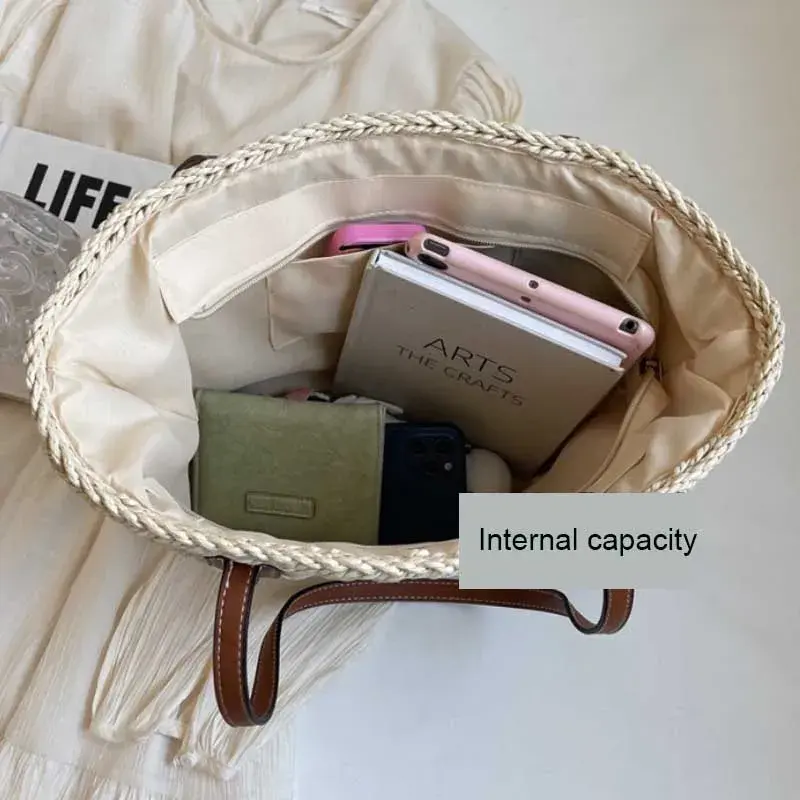 Summer Straw Bags for Women Straw Shoulder Bags Rattan Woven Top Handle Bag Hollow Raffia Crochet Beach Bag Casual Handbags