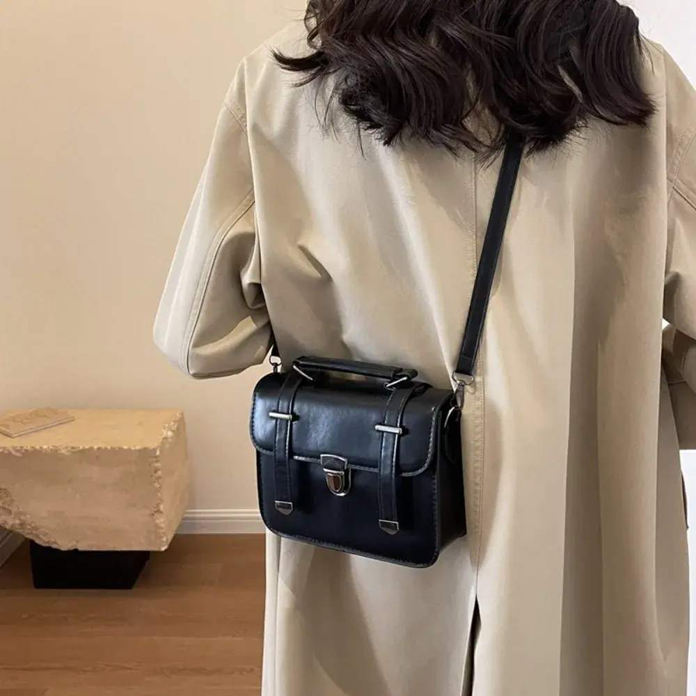 Girls Hundred Retro Small Square Bag Female Students Simple Crossbody College Style Shoulder Handbag Metal Lock Buckle Decoratio