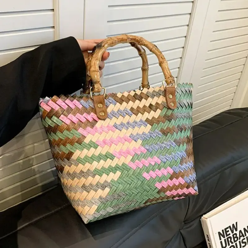 Retro Imitation Rattan Woven Bag Women's Boho Handbag Summer Beach Large Capacity Shoulder Bag 2024 New Fashion Женская Сумочка