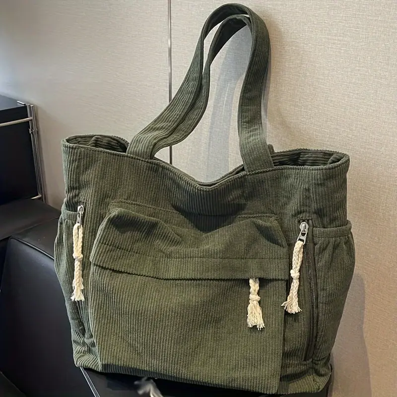 Travel Master Corduroy Shoulder Bag Handbag with Zipper Multiple Pocket Tote Bag For Women Solid Color Daily Commuter Handbag
