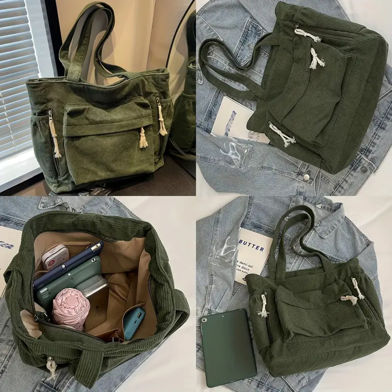 Travel Master Corduroy Shoulder Bag Handbag with Zipper Multiple Pocket Tote Bag For Women Solid Color Daily Commuter Handbag