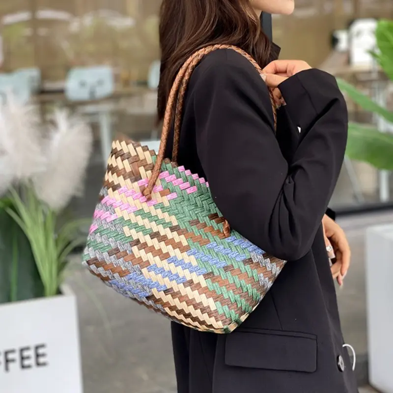 Retro Imitation Rattan Woven Bag Women's Boho Handbag Summer Beach Large Capacity Shoulder Bag 2024 New Fashion Женская Сумочка
