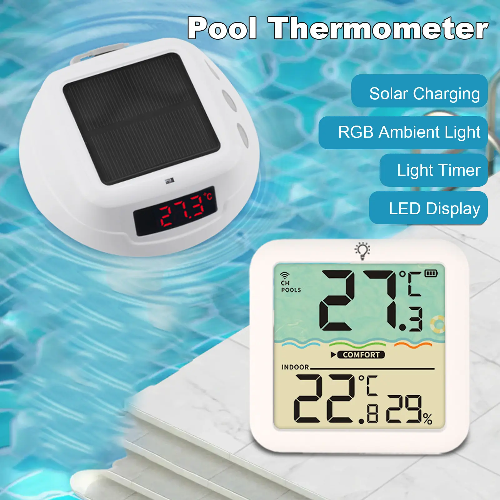 Pool Thermometer Easy Read Wireless Floating Pool Thermometer with Colorful Light Change for Swimming Pool Hot Tub LED Display