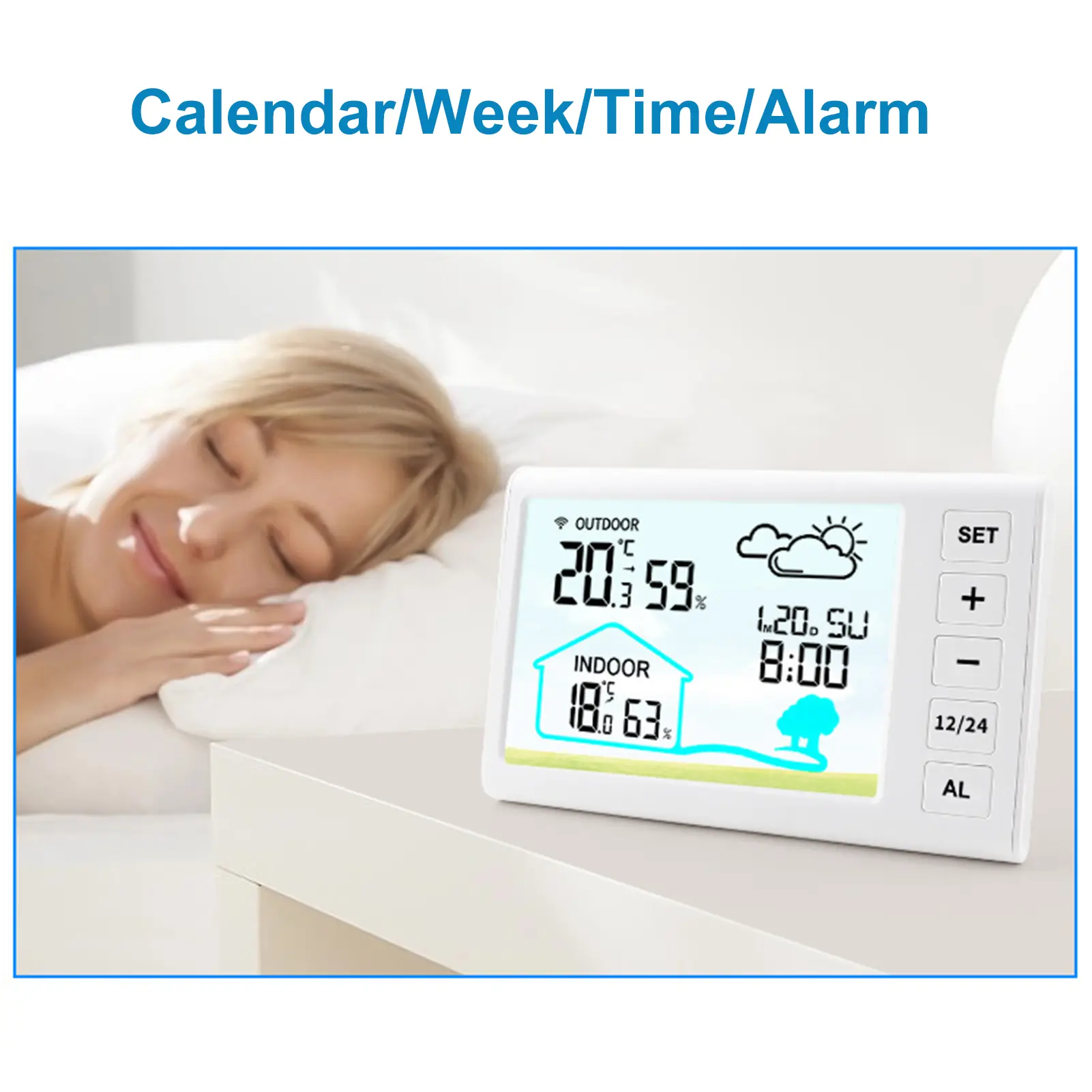 Wireless Weather Station Indoors Outdoors Temperature Display Clock Alarm Adjustable Backlight Digital Weather Forecast Station