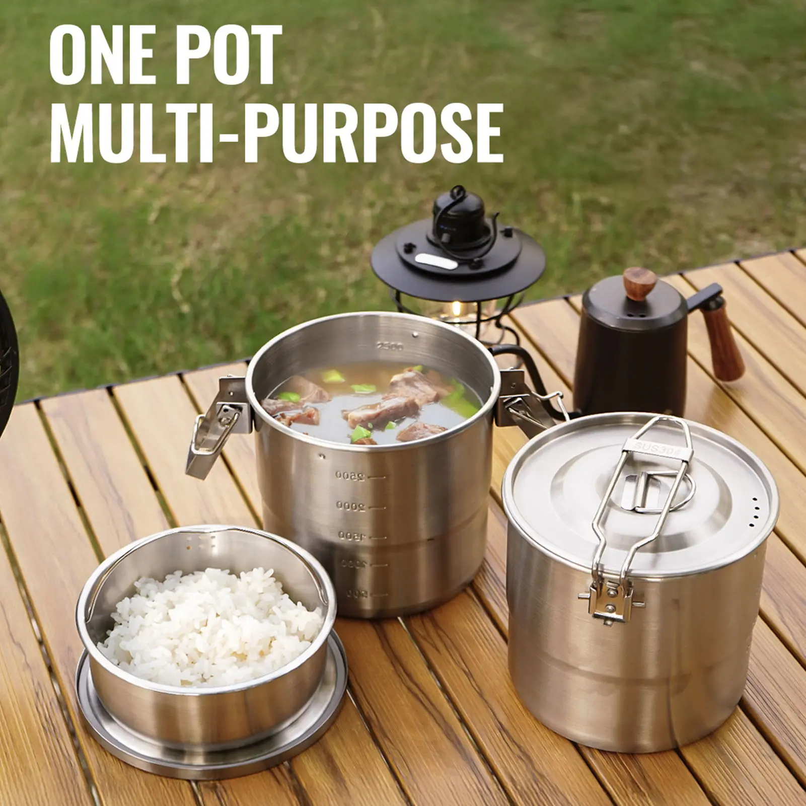 Camping Cooking Pot 304 Stainless Steel Portable Metal Rice Cooker Camping Cookware for Outdoor Hiking Metal Camping Food Bowl