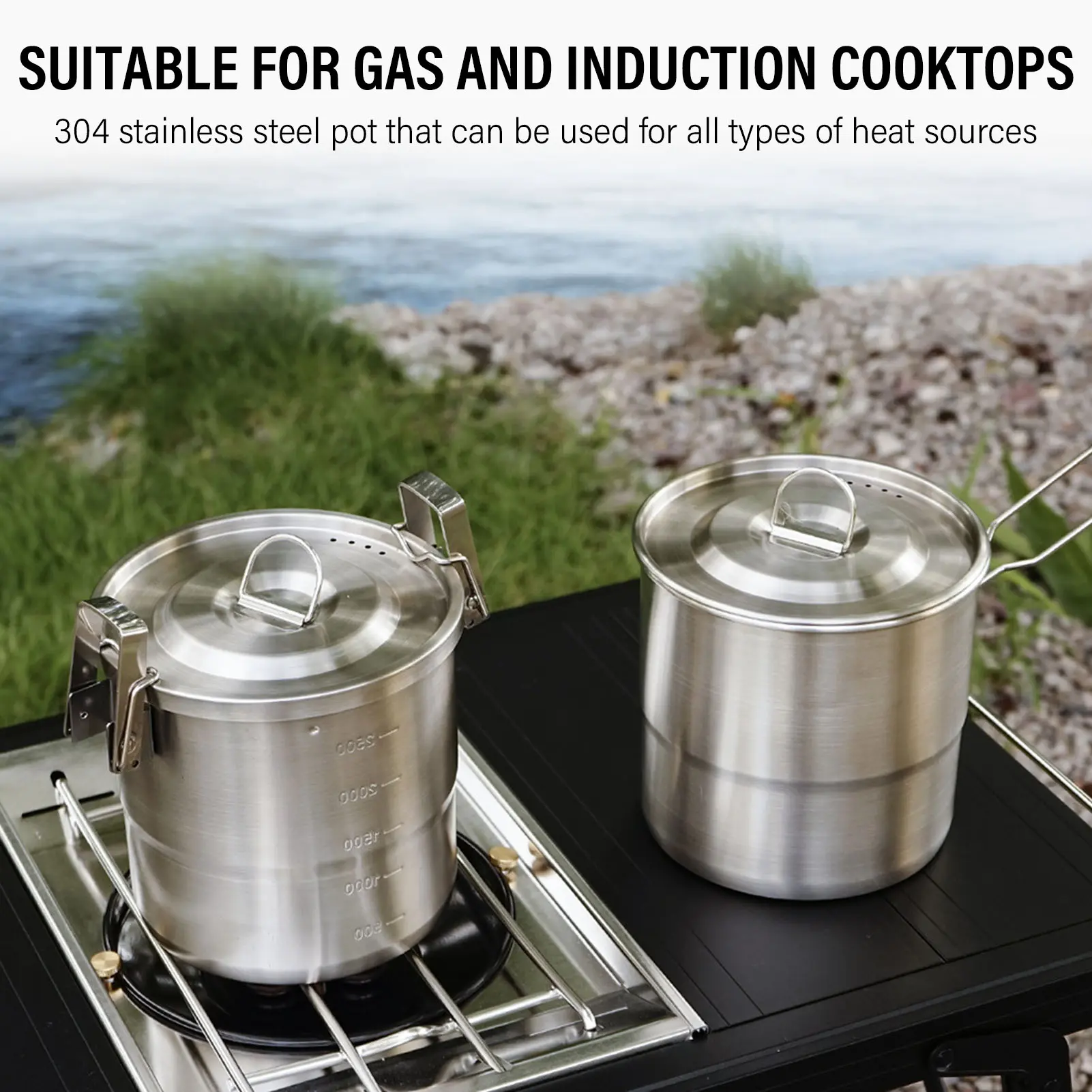 Camping Cooking Pot 304 Stainless Steel Portable Metal Rice Cooker Camping Cookware for Outdoor Hiking Metal Camping Food Bowl