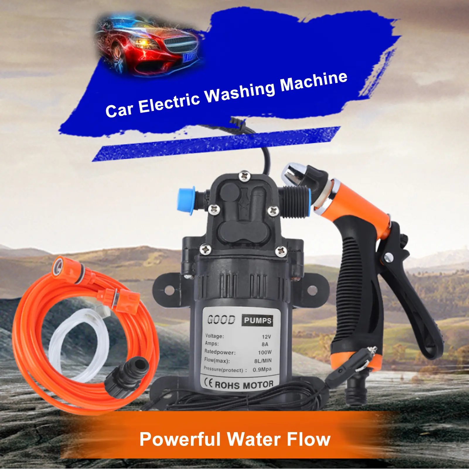 High Pressure Car Washing Machine Kit 12V Electric Pump + Wash Sprayer 2 Modes + Power Cable + Hoses