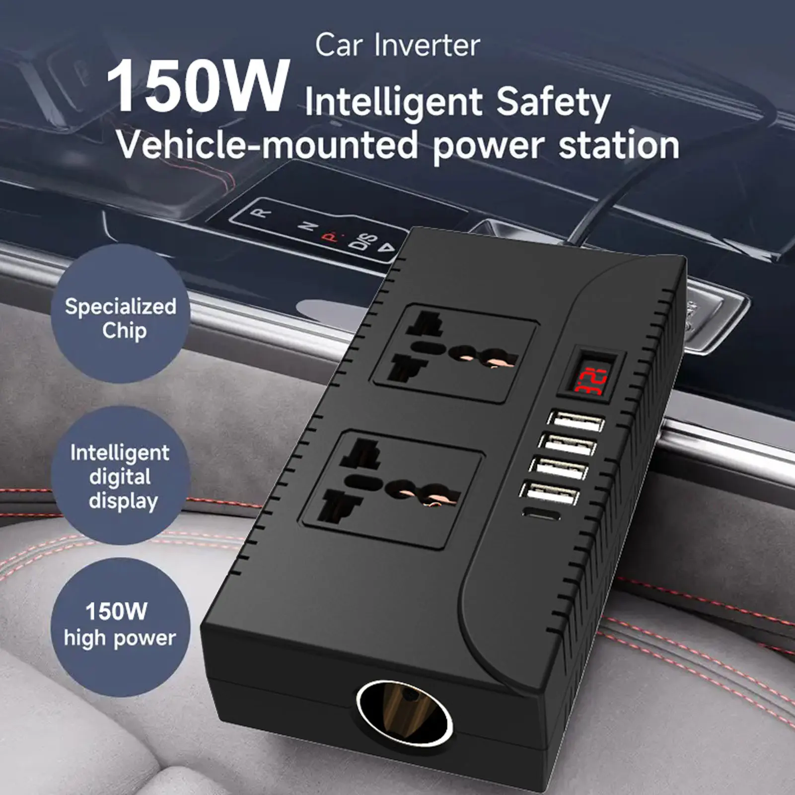 150W Car Power Inverter Efficient 4 USB Ports Vehicle Adapter Plug Outlet Stable 1 Type C Port Safe ABS for Outdoor Activities