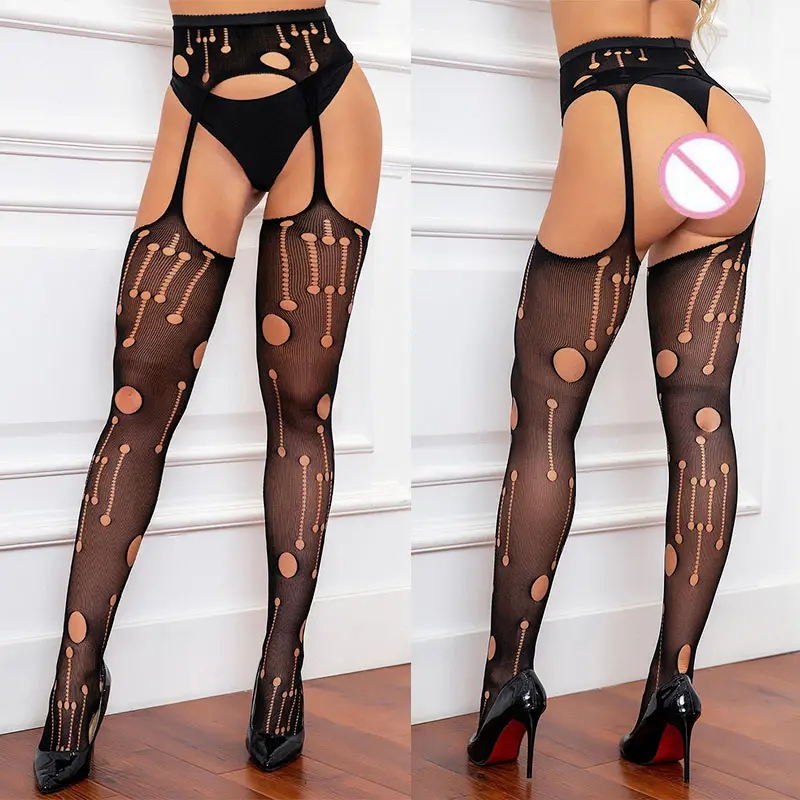 New Sexy Fishnet Suspenders Stockings Women Sexy Lingerie Mesh Garters Knee Socks Erotic Tights Open Crotch Pantyhose With Belt