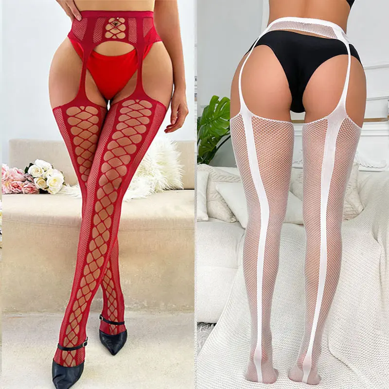 New Sexy Garters Stockings Women Crothless Tights Sexy Lingerie Hollow Out Pantyhose Sex Accessories  Erotic High Socks Hot Set