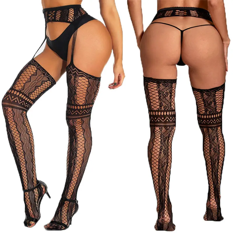 New Sexy Garters Stockings Women Crothless Tights Sexy Lingerie Hollow Out Pantyhose Sex Accessories  Erotic High Socks Hot Set