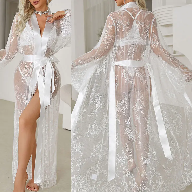 Romance Sheer Long Dress Woman Sexy Lingerie Erotic Floral Sleepwear Fancy Lace Pajamas Porn Outfits See-through Sexy Set
