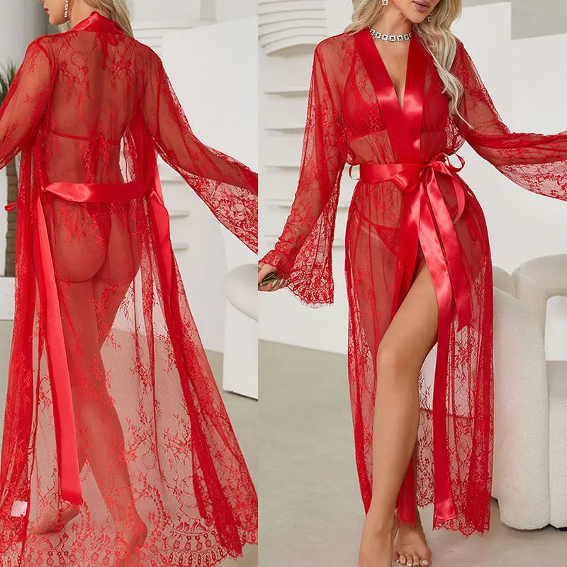 Romance Sheer Long Dress Woman Sexy Lingerie Erotic Floral Sleepwear Fancy Lace Pajamas Porn Outfits See-through Sexy Set