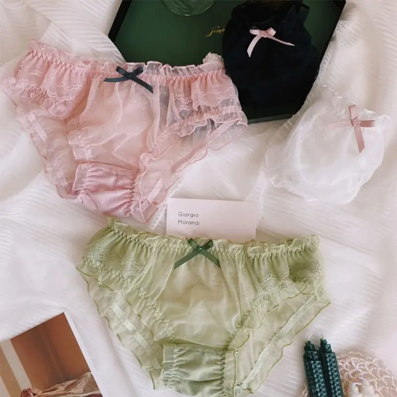 Sweet Style Lace Panties Hollow Women's Underpants Bow Ruffles Seamless Transparent Underwear Mid-waist Breifs Lingerie