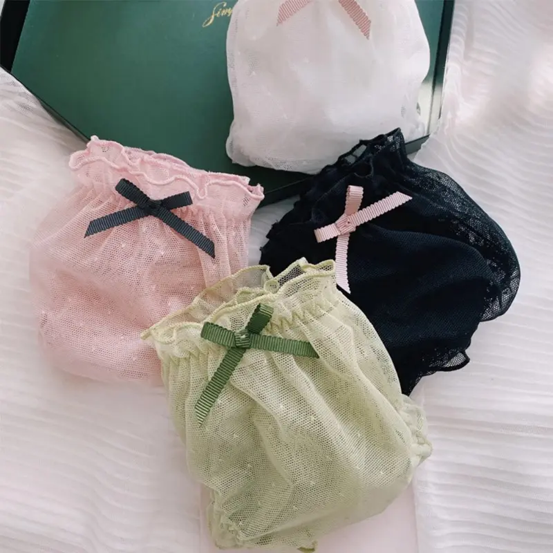 Sweet Style Lace Panties Hollow Women's Underpants Bow Ruffles Seamless Transparent Underwear Mid-waist Breifs Lingerie