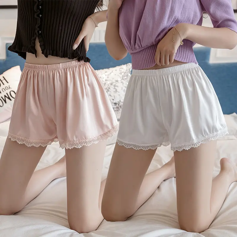 Summer Women Satin Silk Safety Short Pants Lace Patchwork Female Shorts Boxer Soft Cool Pajamas Sleep Bottoms Underskirt Girls