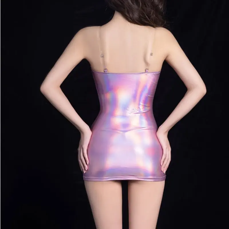 Sexy Women Bodycon Tube Micro Mini Dress PU Oil Glossy Shiny Exotic Dress Female Elastic Bandage Package Hip Dress Colorful