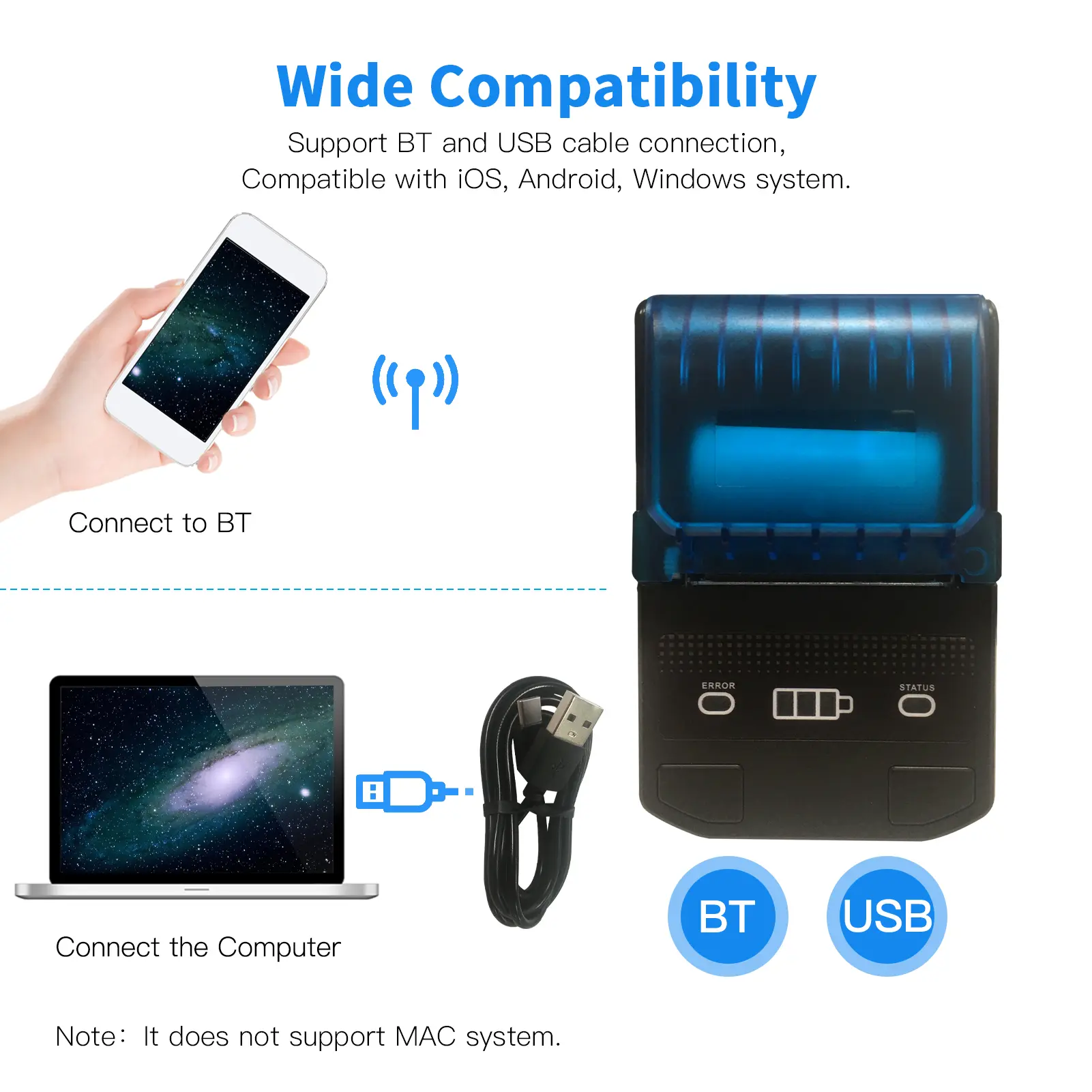58mm Thermal Label Maker Wireless BT Mini Label Printer Barcode Printer Rechargeable Battery Compatible with Android iOS Windows