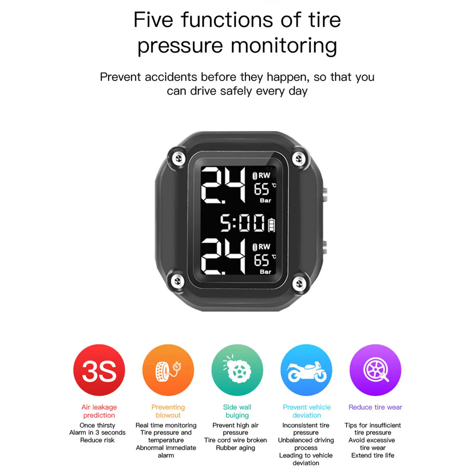Motorcycle Wireless Tire Pressure Monitoring System USB Charging TPMS for Motorcycle with 2 External Sensors Digital LCD Display