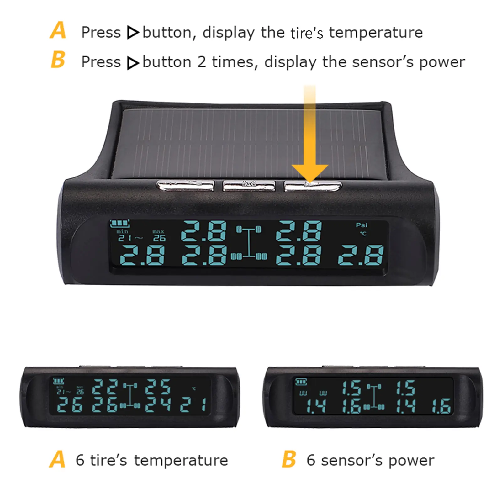 Tire Pressure Monitoring System, Solar Powered 6-Wheel Freight Vehicle Tire Pressure Monitor System for Truck, RV, Bus