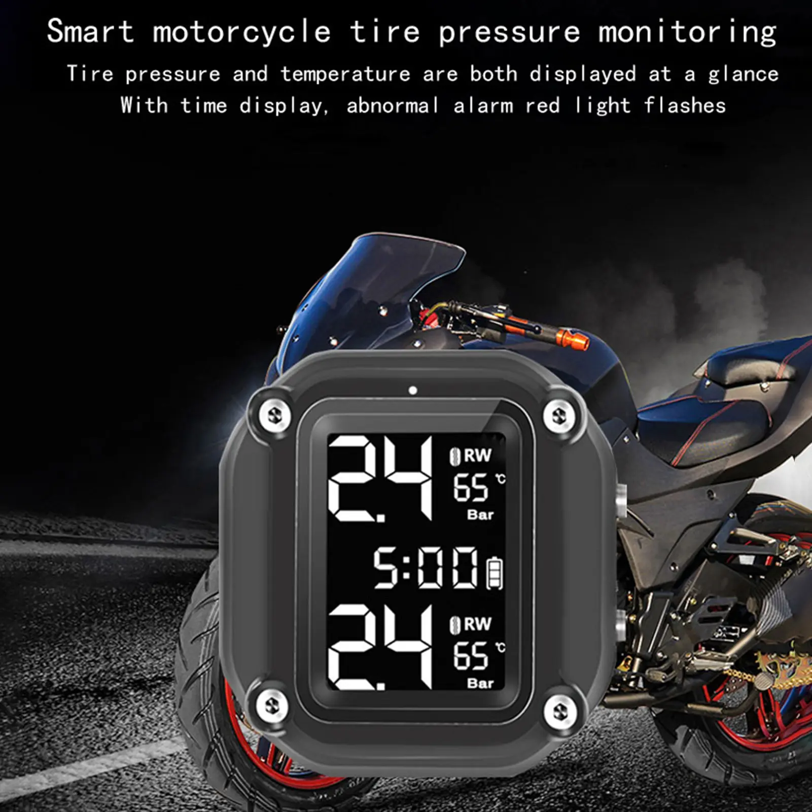 Motorcycle Wireless Tire Pressure Monitoring System USB Charging TPMS for Motorcycle with 2 External Sensors Digital LCD Display