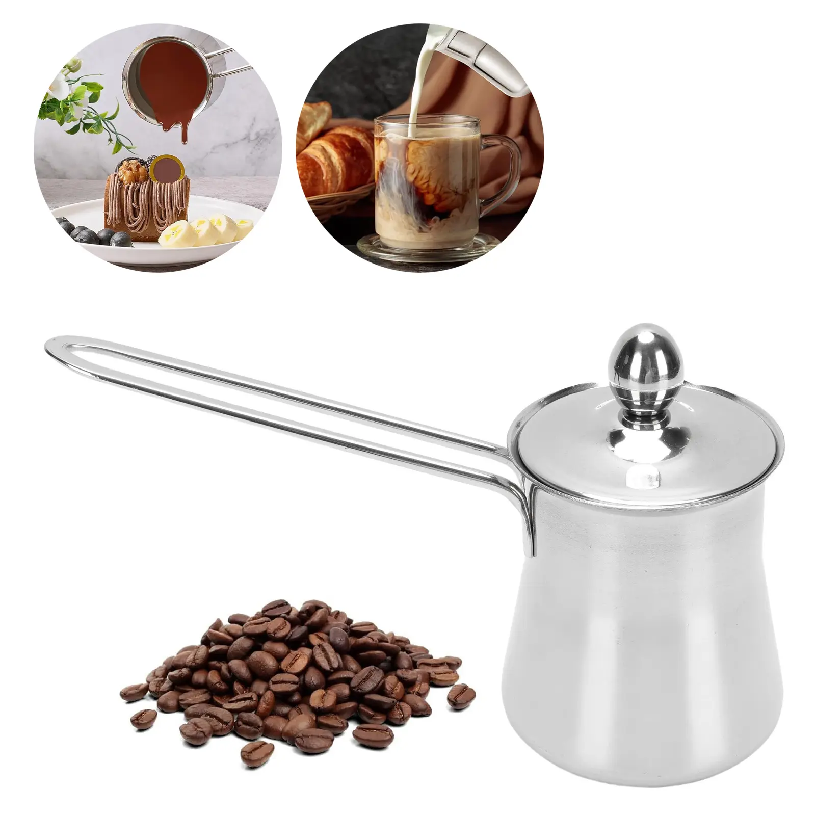 Turkish Coffee Pot 15floz Stainless Steel Milk Butter Warmer Pot Stovetop Chocolate Melting Pan Stainless Steel Coffee Pot