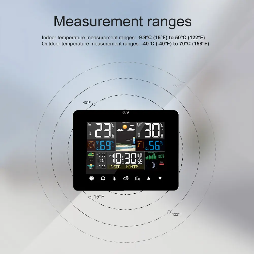 Sunrise and Sunset Weather Station Multi-function Alarm Clock Thermometer Hygrometer Touch Screen Operation with  Outdoor Sensor
