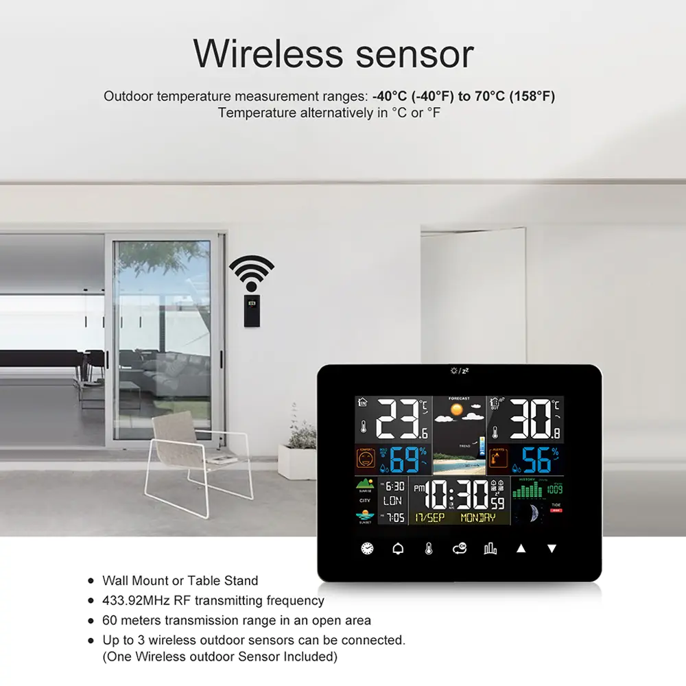 Sunrise and Sunset Weather Station Multi-function Alarm Clock Thermometer Hygrometer Touch Screen Operation with  Outdoor Sensor