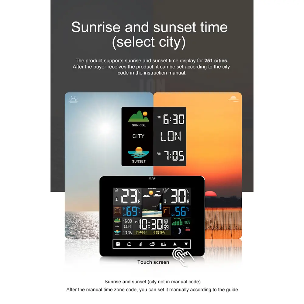 Sunrise and Sunset Weather Station Multi-function Alarm Clock Thermometer Hygrometer Touch Screen Operation with  Outdoor Sensor