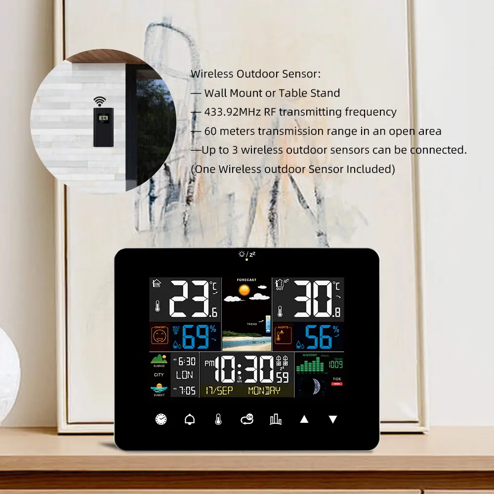 Sunrise and Sunset Weather Station Multi-function Alarm Clock Thermometer Hygrometer Touch Screen Operation with  Outdoor Sensor