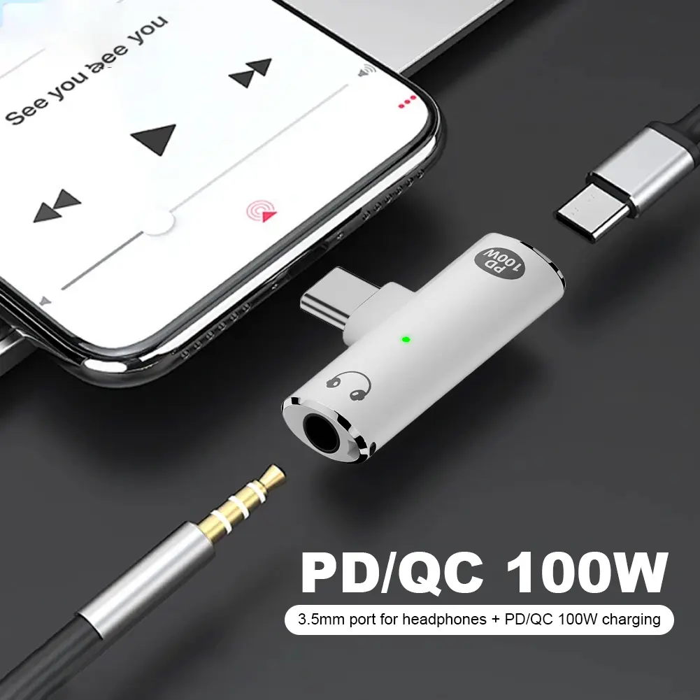 2 in 1 USB Type C To 3.5mm Headphone and Charger Adapter PD 100W Audio Aux Adapter with Aux Audio Jack USB C To Type-C Converter