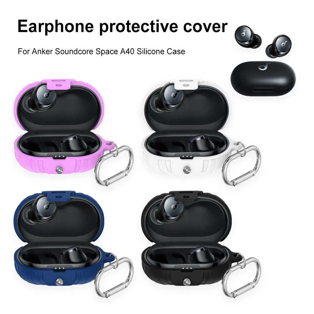 Shockproof Silicone Wireless Earphone Case Earphone Shell with Carabiner Anti-scratch for Anker Soundcore Space A40 Charging Box